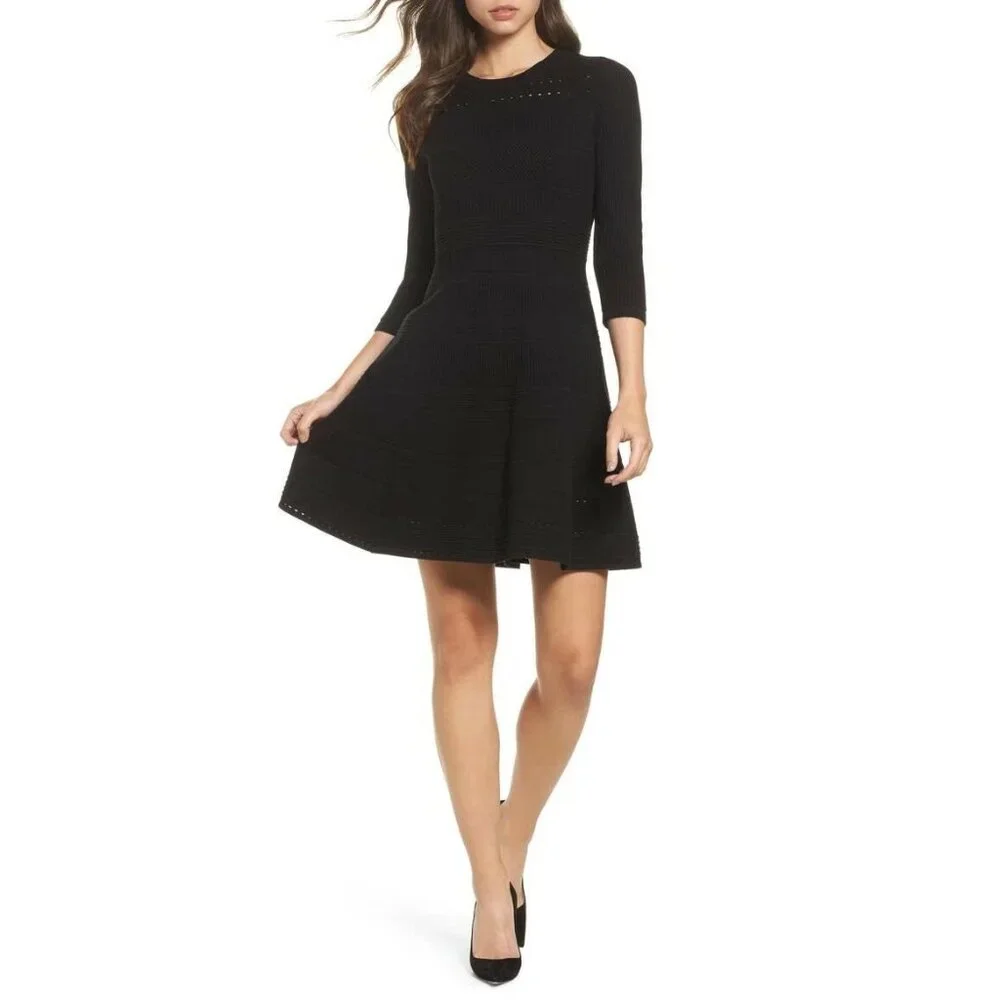 Eliza J | Dresses | Eliza J Black Knit Fit And Flare Sweater Dress Textured  34 Sleeve Dress Xl | Poshmark